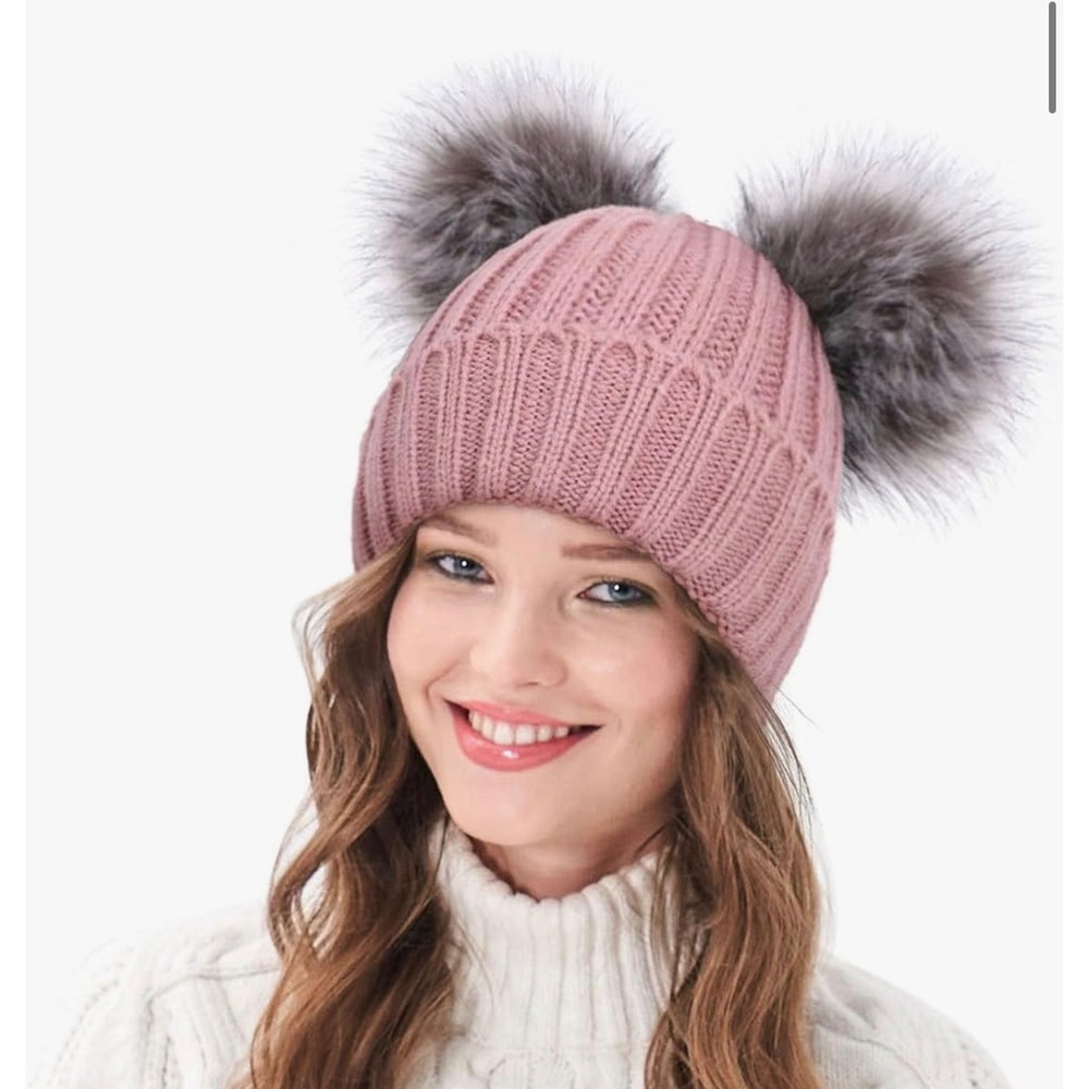Winter Hat Women Knit Warm Beanie with 2 Pom Snow Outdoor Faux Fur Pompom Ears